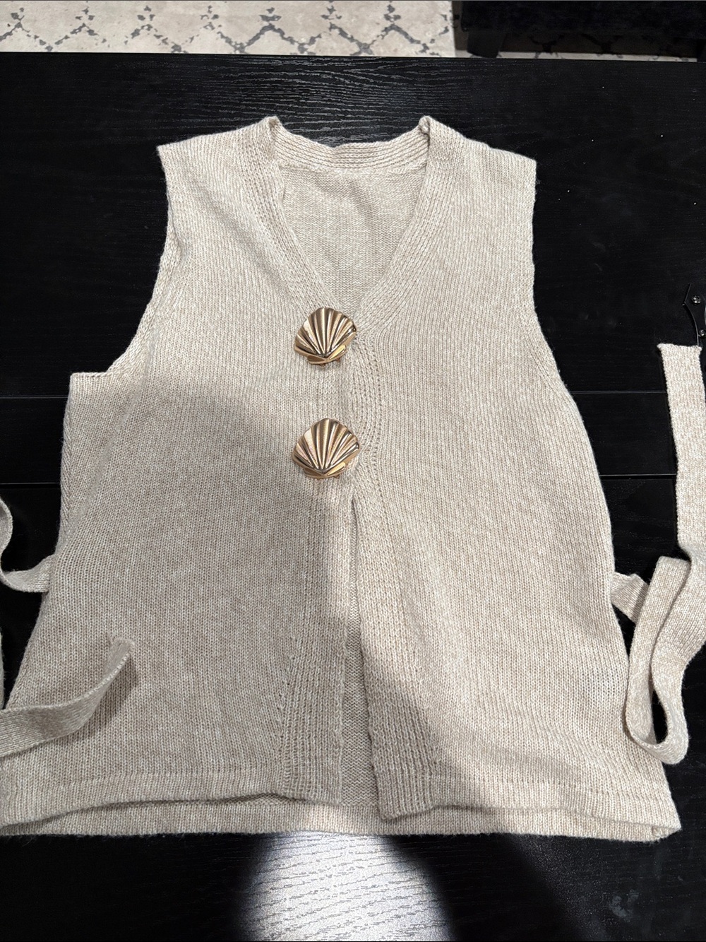 SHEIN Cream V-Neck Knit Sweater Vest with Shell-Style Gold Buttons